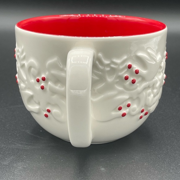 2008 Starbucks Christmas White Red Embossed Dove Tree Cappuccino Coffee Mug - Picture 4 of 6